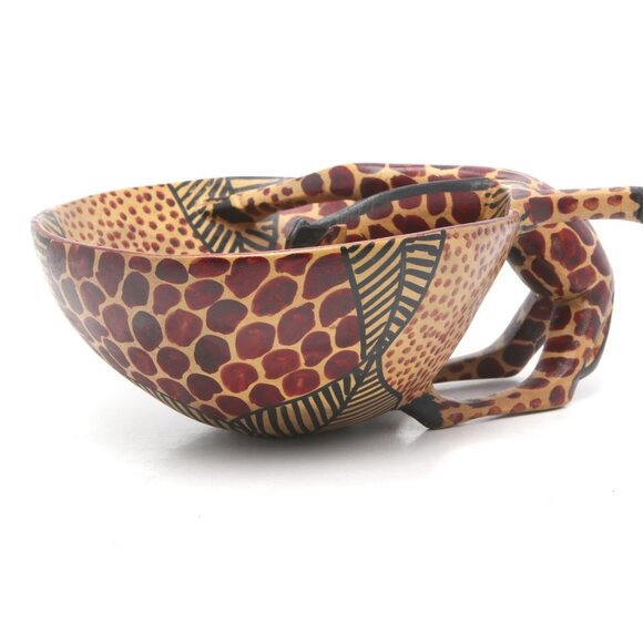 African Wood Giraffe Bowl Kenya Decor Spotted Lightweight Art Fruit Bowl Handle - Picture 10 of 11